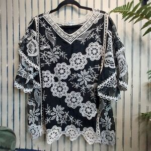 Sapphire Black Top with White Floral Embroidery